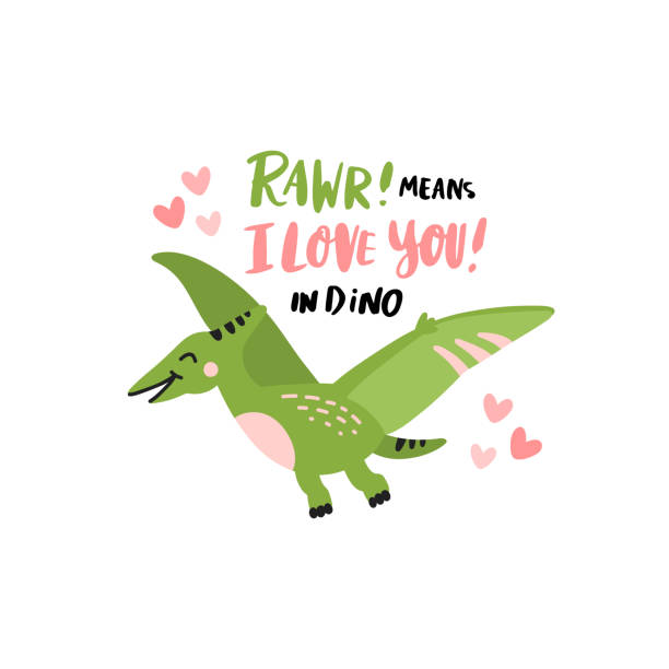 Funny character dinosaur or pterodactyl. Cute dino. Adorable jurassic reptile. The inscription: Rawr! means I love you! Vector illustration for Valentine's day in scandinavian style. dinosaur rawr stock illustrations