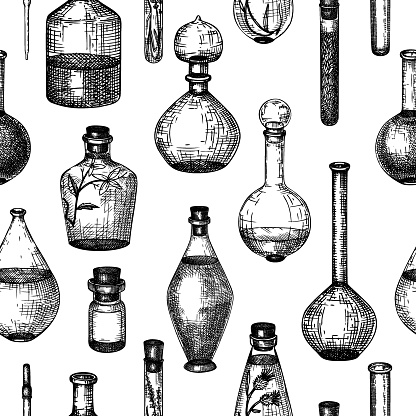Hand-sketched glass equipment collection for perfumery and cosmetics making. Chemicals and alchemy glassware illustration set. Perfume bottles, jars, flasks drawings in engraved style. Vintage drawing