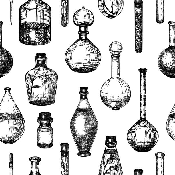 Perfumery bottles seamless pattern Hand-sketched glass equipment collection for perfumery and cosmetics making. Chemicals and alchemy glassware illustration set. Perfume bottles, jars, flasks drawings in engraved style. Vintage drawing alchemy illustrations stock illustrations