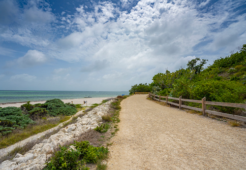 Summer beach scenery. Pathway along Atlantic ocean. Bahia Honda State Park, Florida Keys, Bahia Honda Key, FLorida USA.