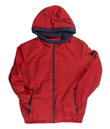Male red jacket with a zipper with a hood isolated on a white background. Windbreaker jacket top view. Casual style