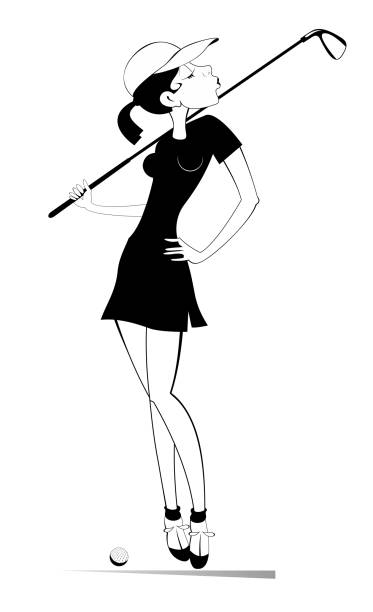 Young golfer woman on the golf course illustration Pretty golfer woman with a golf club black on white golf clipart stock illustrations