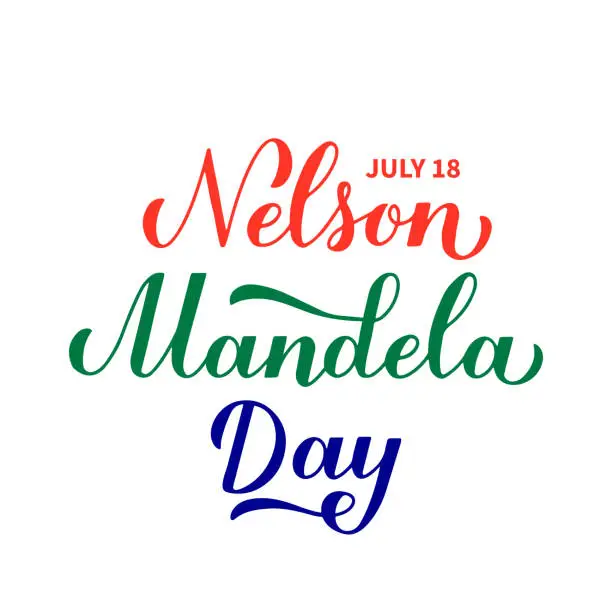 Vector illustration of Nelson Mandela Day calligraphy hand lettering isolated on white. Annual holiday on July 18. Vector template for greeting card, banner, typography poster, flyer,