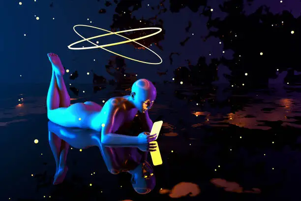 Photo of 3d model of a woman with a phone lying in outer space with shining stars.