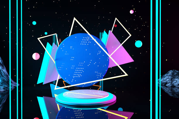 istock 3D cosmic podium display, Pink blue green neon light pedestal on abstract background. 1325611837