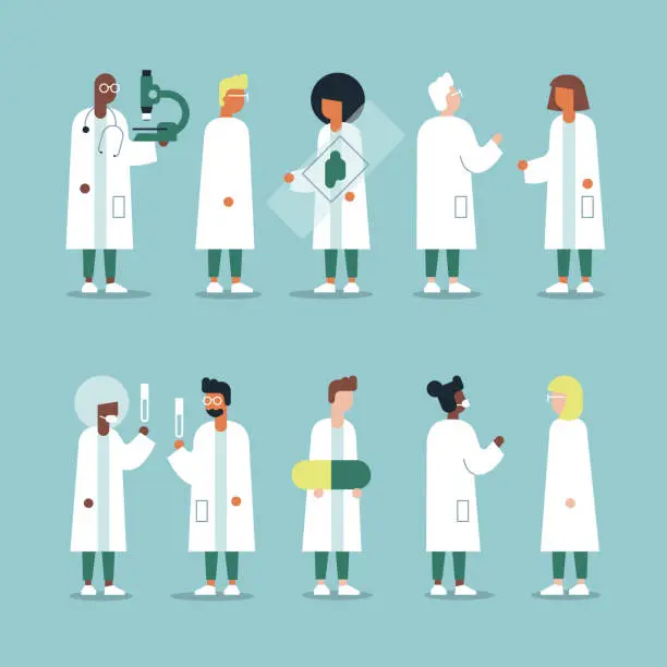 Vector illustration of Diverse full-length healthcare workers full-color vector illustration set