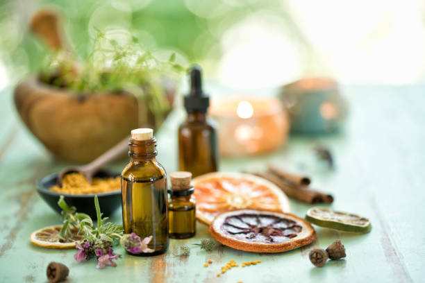 essential oils background - homeopatic medicine imagens e fotografias de stock