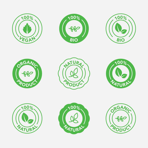 Minimal green organic and bio product badges 9 green coloured minimal badges for organic, bio and eco products. vegetarian food stock illustrations