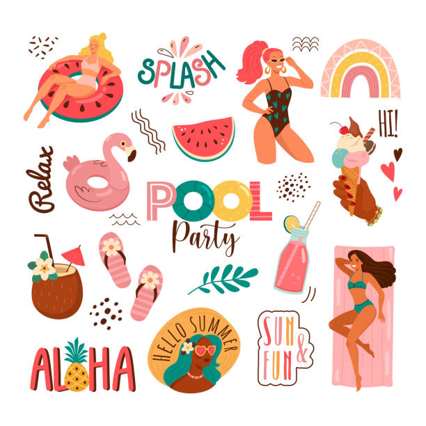 ilustraciones, imágenes clip art, dibujos animados e iconos de stock de fiesta en la piscina. - fruit watermelon drawing doodle