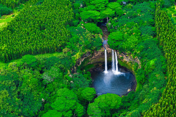 vista aérea de las impresionantes cataratas wailua en kauai, hawái, ee. uu. - kauai travel destinations tourism photography fotografías e imágenes de stock