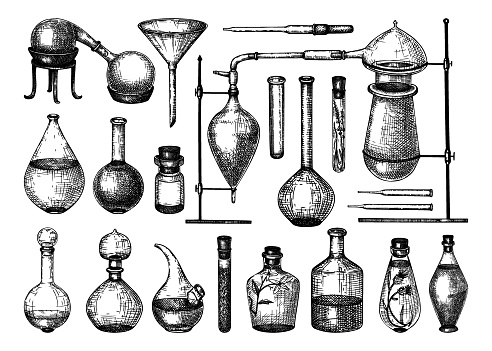Alchemy laboratory equipment sketch. Magic, witchcraft, and mysticism glassware illustration. Alchemy bottle in engraved style. Hand drawing.