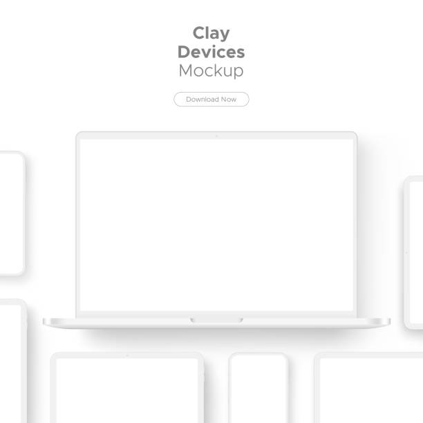 clay responsive devices mockup für display-websites und apps-design - schreibtisch stock-grafiken, -clipart, -cartoons und -symbole