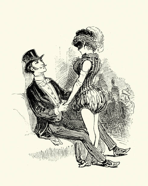 ilustraciones, imágenes clip art, dibujos animados e iconos de stock de hombre elegantemente vestido coqueteando a una mujer con disfraces, decadencia victoriana siglo 19 - smartly