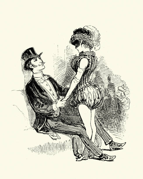 illustrazioni stock, clip art, cartoni animati e icone di tendenza di uomo elegantemente vestito flirtando una donna in abito elegante, decadenza vittoriana 19 ° secolo - showgirl