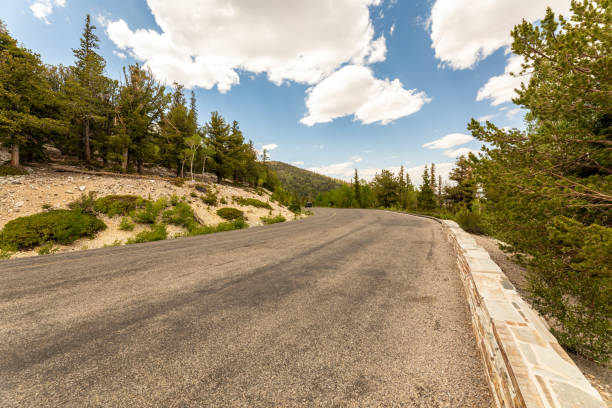 Winding Mountain Road in Great Basin National Park A scenic drive through Nevada's Great Basin National Park takes visitors to more than 9,000 feet of elevation, offering soaring views of distant peaks and valleys along the way. great basin national park stock pictures, royalty-free photos & images