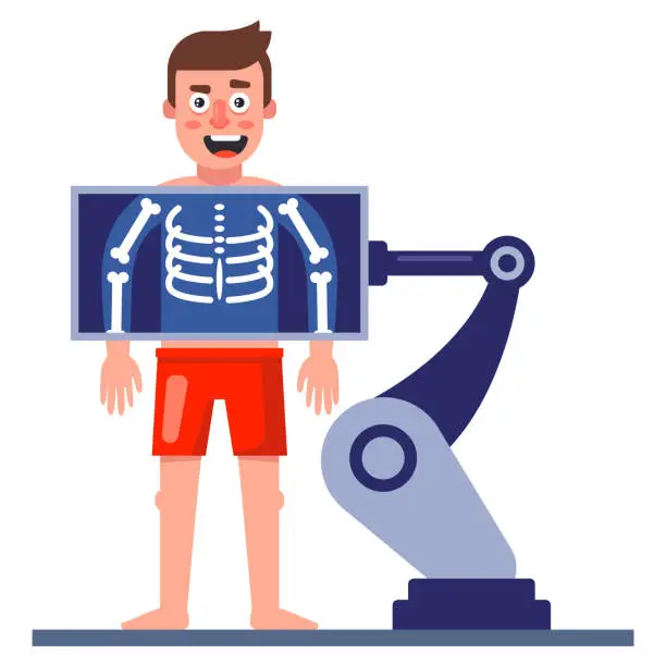 Vector illustration of a man makes an x-ray of his chest. health check equipment