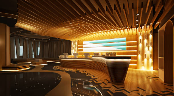 Inside a ferry between Calais and Dover, the lounge with brown (beige) chairs and bar with lights.