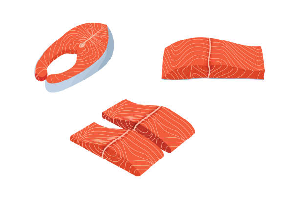 ilustrações de stock, clip art, desenhos animados e ícones de salmon slices collection. flat design illustration vector - fillet