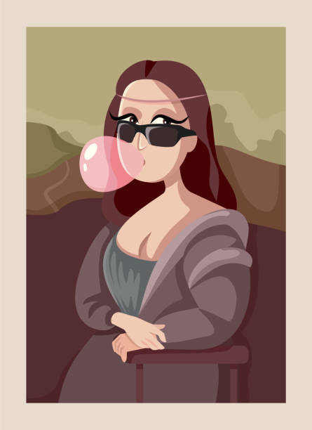 Cool Mona Lisa Wearing Sunglasses Blowing Bubble Gum Funny Gioconda remake in modern style chewing gum wearing trendy shades mona lisa stock illustrations