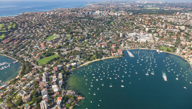 Aerial view Double Bay Sydney - NSW Australia Aerial view of Double Bay through to Bondi Junction. This Sydney harbour side area is filled with some  of Australia's most desired real estate. Sydney Australia bondi junction stock pictures, royalty-free photos & images