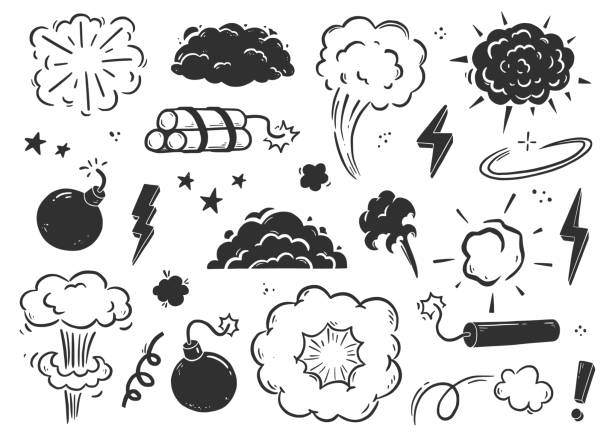 нарисованный вручную взрыв, бомба, дым - cloud mushroom fungus cartoon stock illustrations