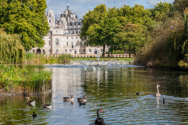 St. James's Park Lake with Horse Guard Parade building in background, London, United Kingd stock photo