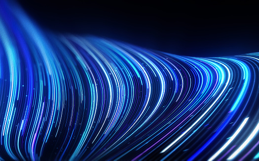 Abstract lines flowing dynamic pattern in blue colors on black background for concept of AI technology.