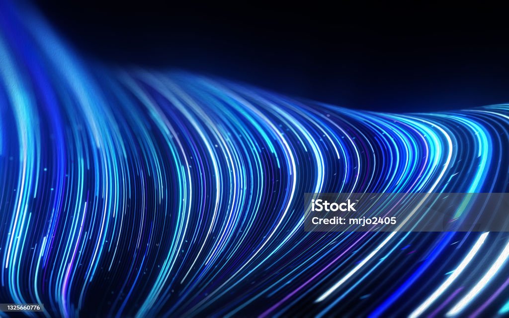 Abstract background. Digital technology connection concept. Abstract lines flowing dynamic pattern in blue colors on black background for concept of AI technology. Abstract Stock Photo
