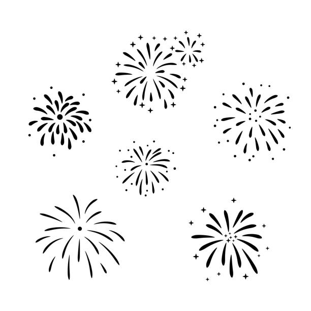 illustrazioni stock, clip art, cartoni animati e icone di tendenza di set di illustrazioni silhouette fuochi d'artificio vettoriali - pyrotechnics