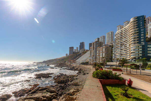 Cityview of coastal city Concon with modern buildings in Valparaiso Province, Chile. Concon, Chile - August 12, 2019: Cityview of coastal city Concon with modern buildings in Valparaiso Province, Chile. vina del mar chile stock pictures, royalty-free photos & images