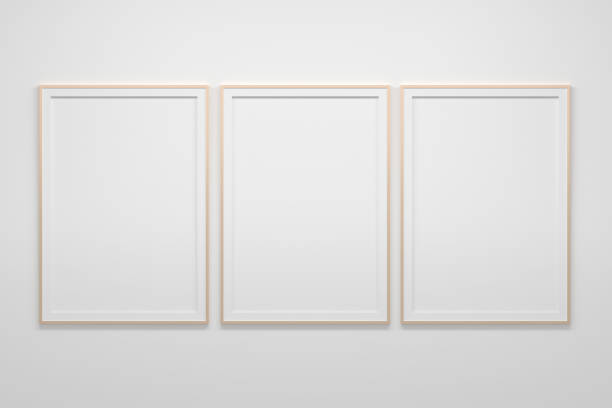 Mockup template with three large blank empty A4 frames on white background stock photo