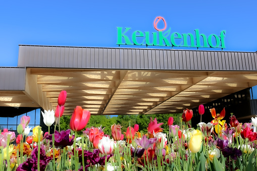 Keukenhof is the world's largest flower park, located in Lisse, Netherlands. This photo is the sign of the building at the entrance of the site. /Stationsweg, Lisse, Netherlands/ 05-09-2019