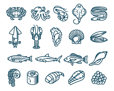 Set of seafood, fish and sea animals vector isolated icons