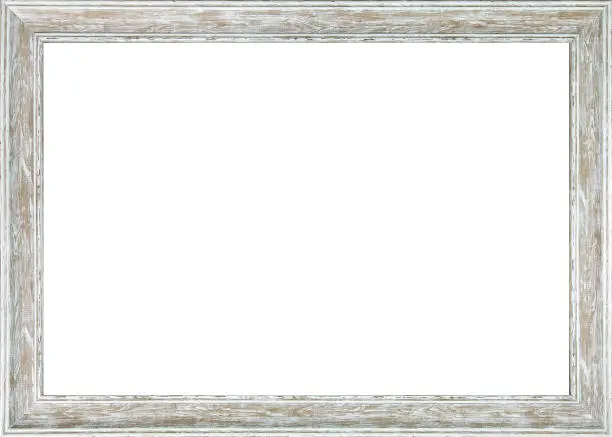 White wooden frame with artificially aged paint. Frame for paintings and photographs in the old style.