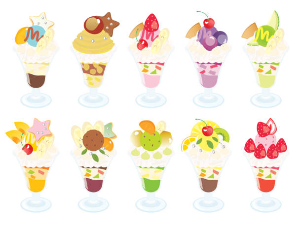 과일 파르페세트 일러스트 - dessert blueberry cream parfait stock illustrations