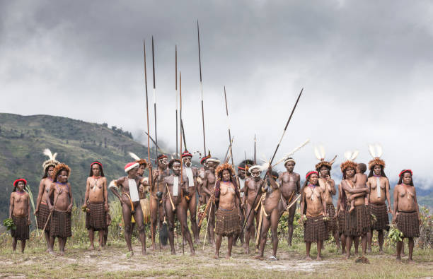 dani tribe people in Baliem Valley Baliem Valley, West Papua, Indonesia, February 15th, 2016: dani tribe people of Baliem Valley, dressed in their traditional outfits, gathering to discuss village issues koteka stock pictures, royalty-free photos & images