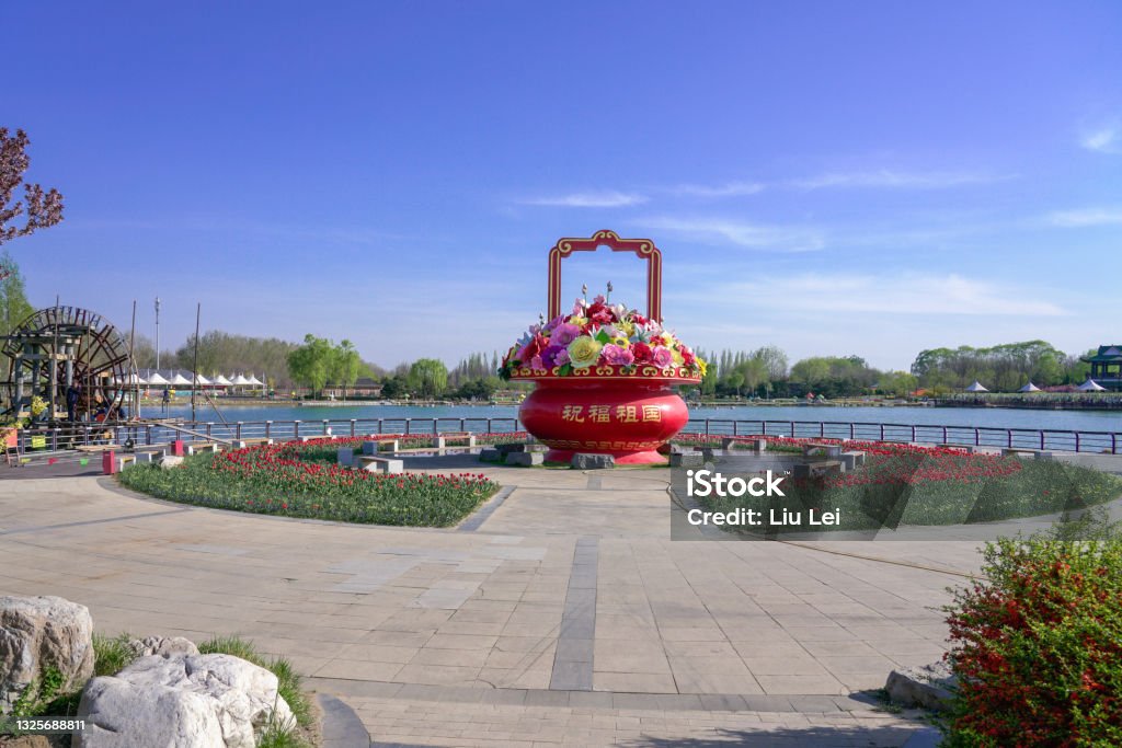 Tulips blooming in Beijing International Flower Port, China. Colorful flower beds at International Flower Port Beauty Stock Photo