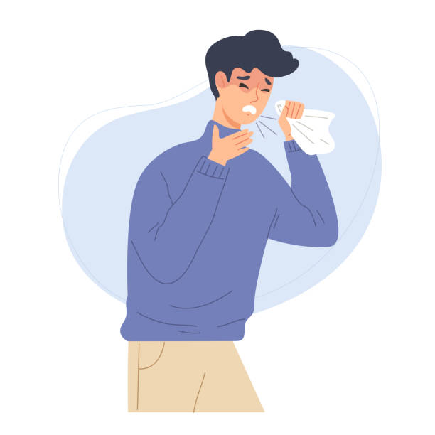 unwell man coughing. Respiratory viral sickness, illness. Concept of Bronchitis, common cold, coronavirus, influenza, fever or seasonal disease, infection. Flat vector cartoon illustration character. coughing stock illustrations