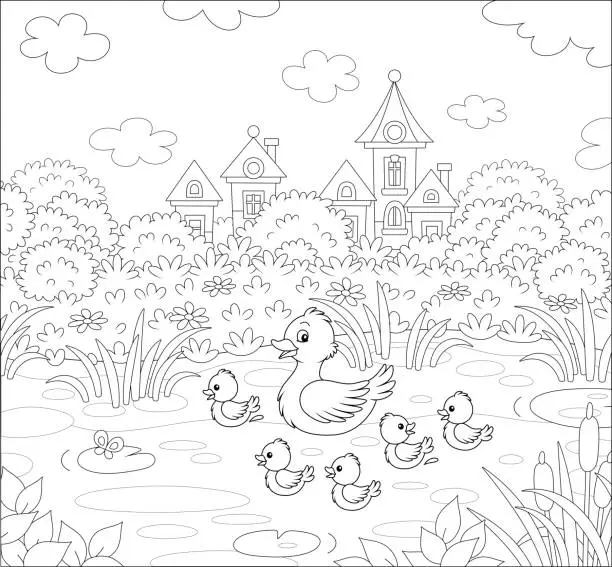 Vector illustration of Cute duck and merry small ducklings
