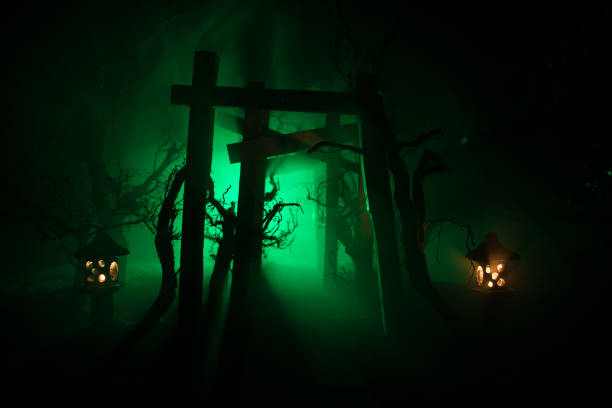 Creative artwork decoration. Abstract Japanese style wooden tunnel at night. Night scene in fantasy forest. Selective focus