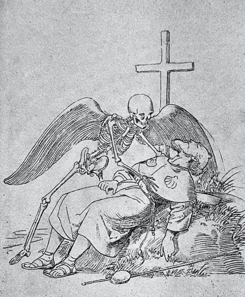 spotkanie ze śmiercią, starszy mężczyzna spotyka anioła śmierci - morbid angel stock illustrations