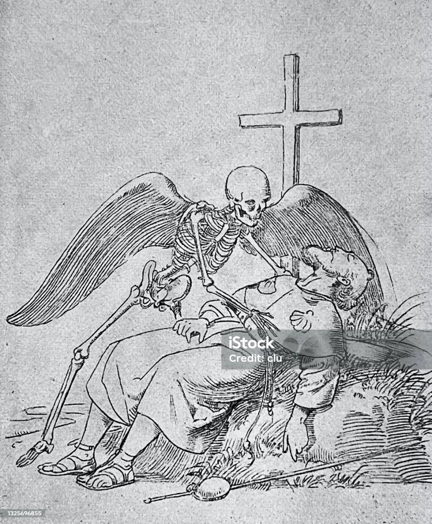 Encounter with death, older man meets an angel of death - Royalty-free Ölü Stock Illustration