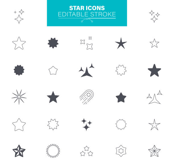 ilustraciones, imágenes clip art, dibujos animados e iconos de stock de iconos de estrella trazo editable. en los iconos del conjunto como la celebración, la estrella que cae, los fuegos artificiales, centelleo, resplandor - estrellas