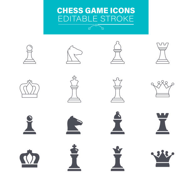 체스 게임 아이콘, 흑백 피규어, 편집 가능한 스트로크 - black hobbies chess knight chess stock illustrations