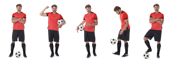 Set of Man playing football soccer isolated on white background, red jersey uniform