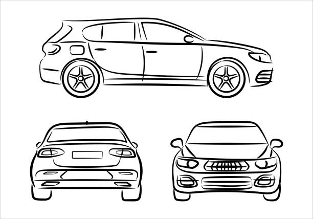 силуэт современного автомобильного хэтчбека на белом фоне. иконки автомобиля задают вид сбоку, спереди и сзади - hatchback stock illustrations