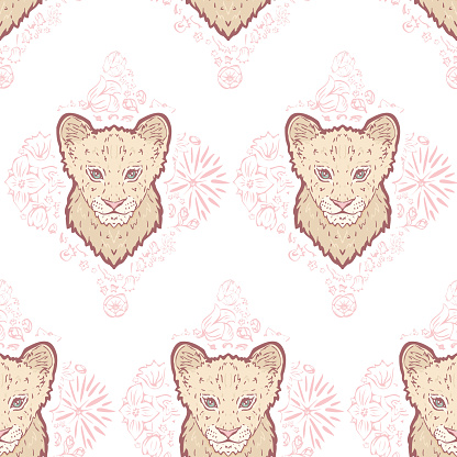 Vector Pastel Pink Cute Lion Cub on Flowerly Tiles seamless pattern background.
