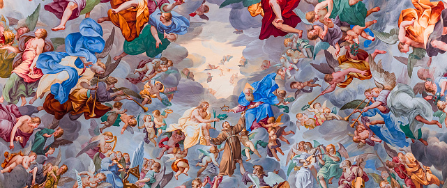 orta san giulio, italy, may 29, 2019 :  ceilings frescoes of the chapel number 20 in Sacro monte di Orta