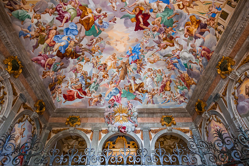 orta san giulio, italy, may 29, 2019 :  ceilings frescoes of the chapel number 20 in Sacro monte di Orta