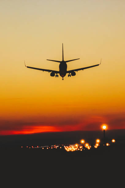 istock Airplane landing on the runway during sunset and night 1325705480